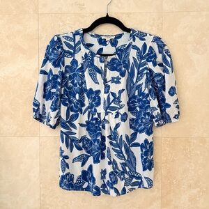 Christian Siriano Blue White Floral Linen Blend Puff Sleeve Blouse Size S